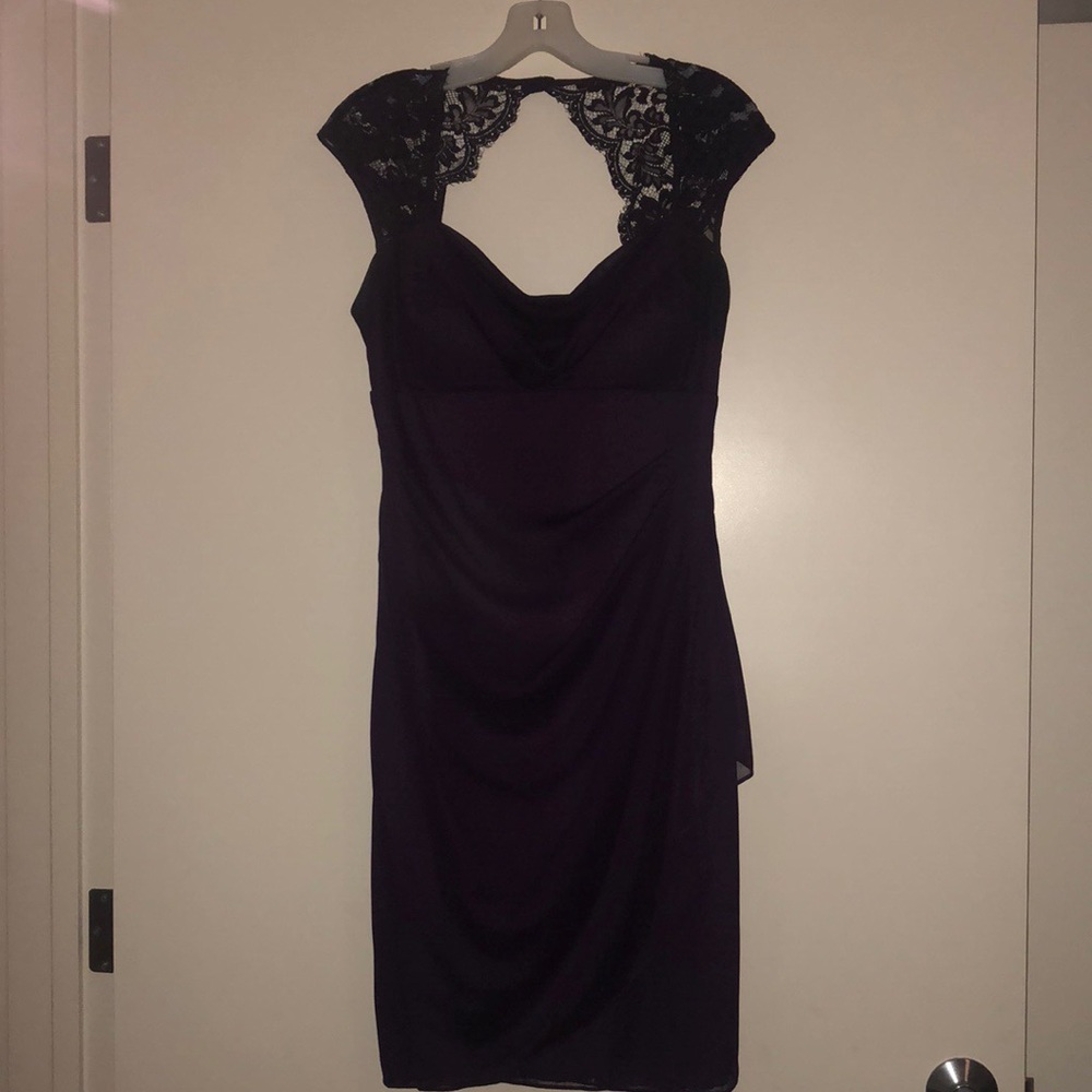 David’s Bridal Dark Purple Lace-Shouldered Dress